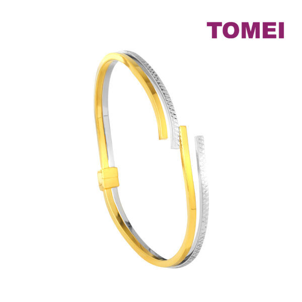 TOMEI Dual-Tone Line-Patterned Bangle, Yellow Gold 916