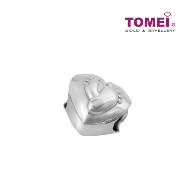 TOMEI Baby Foot Print on Heart Charm, White Gold 585 (P5318)