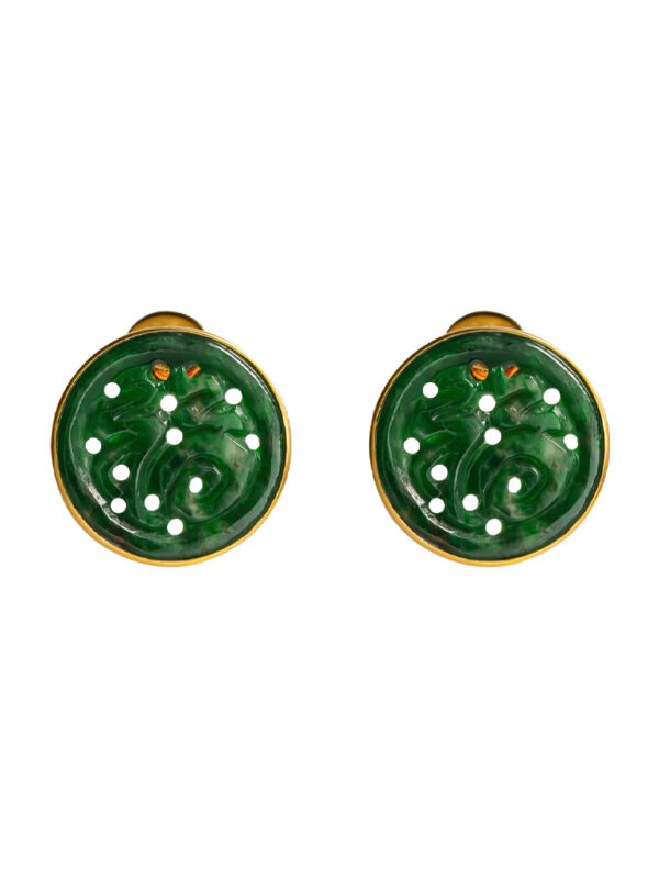 TOMEI Engraved Fu-Zi Jade Earrings, Yellow Gold 750