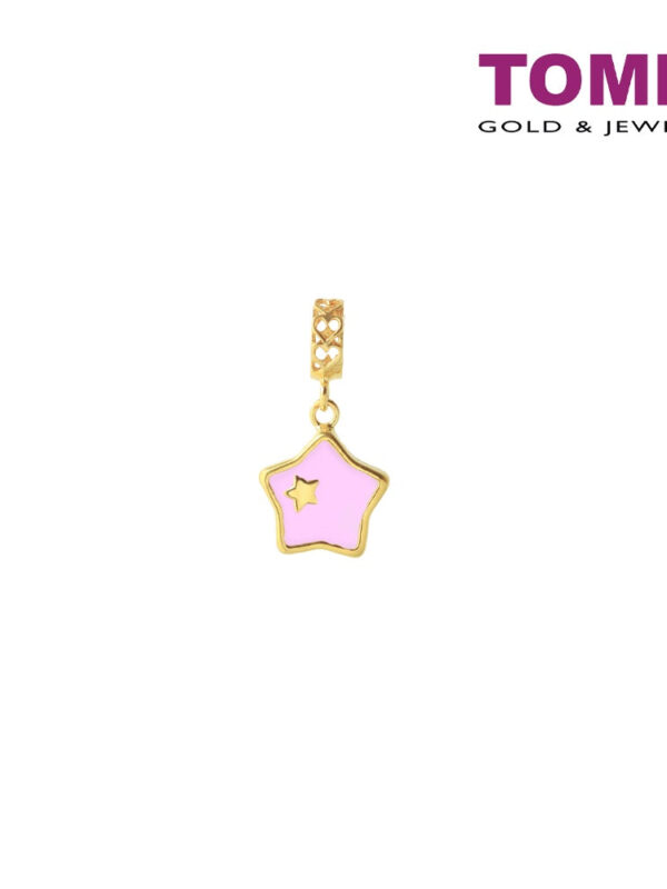 TOMEI Adorably Starred Pink & White Heart Charm, Yellow Gold 916