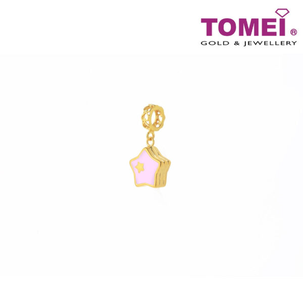 TOMEI Adorably Starred Pink & White Heart Charm, Yellow Gold 916