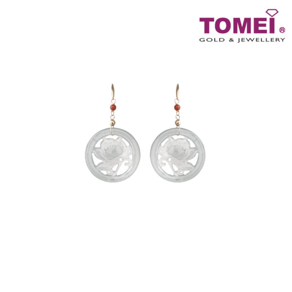 TOMEI Circular Flower Carving Jade A Dangling Earrings, Grey-White I Yellow Gold 375 (ZN-16)