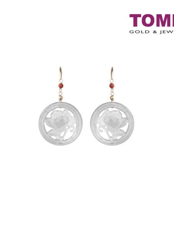 TOMEI Circular Flower Carving Jade A Dangling Earrings, Grey-White I Yellow Gold 375 (ZN-16)