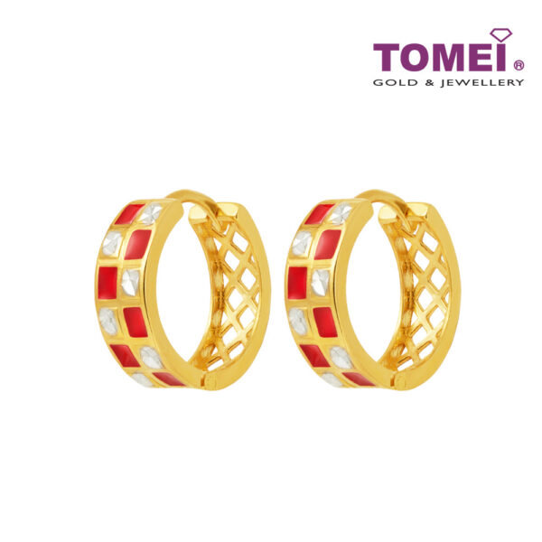 TOMEI Lusso Italia Scarlet Red Checkered Earrings, Yellow Gold 916