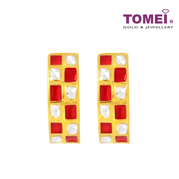 TOMEI Lusso Italia Scarlet Red Checkered Earrings, Yellow Gold 916