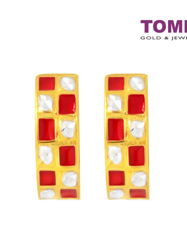 TOMEI Lusso Italia Scarlet Red Checkered Earrings, Yellow Gold 916