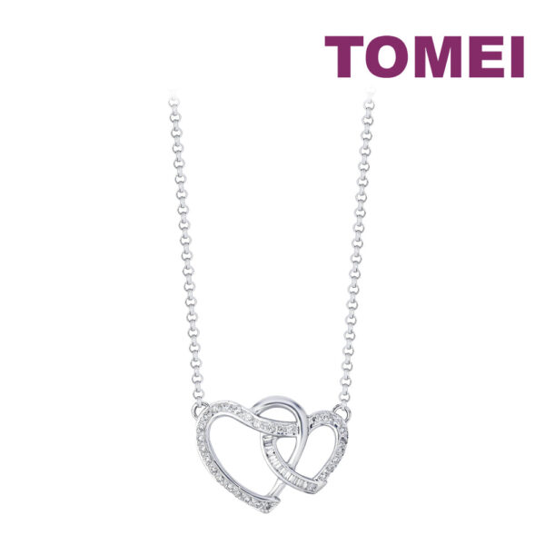 TOMEI Entwining Dual-Heart Diamond Necklace, White Gold 750