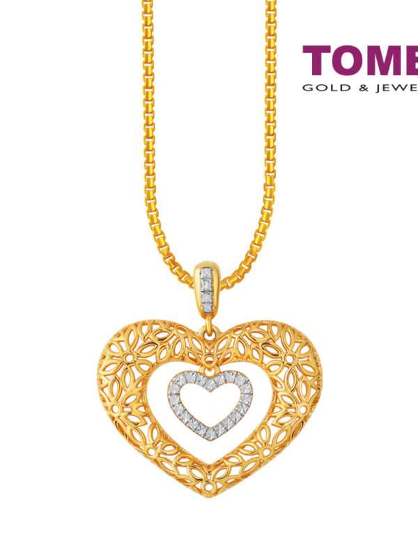 TOMEI Diamond Cut Collection Flowery Hearts Pendant, Yellow Gold 916