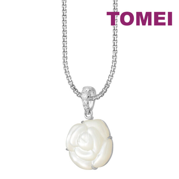 TOMEI White Rugosa Rose Pendant, White Gold 750