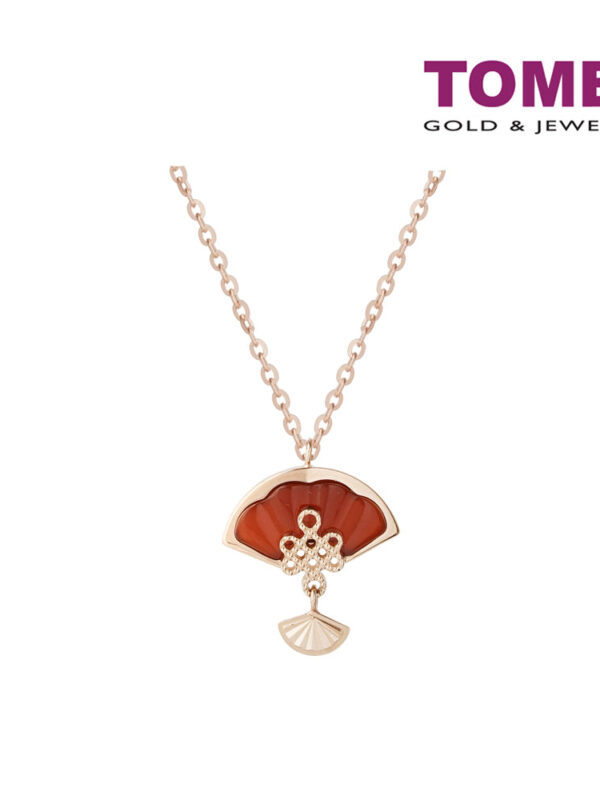 TOMEI Rouge Collection 红玉髓如意结扇子 Carnelian Ruyi Knot Palm Fan Necklace, Rose Gold 750
