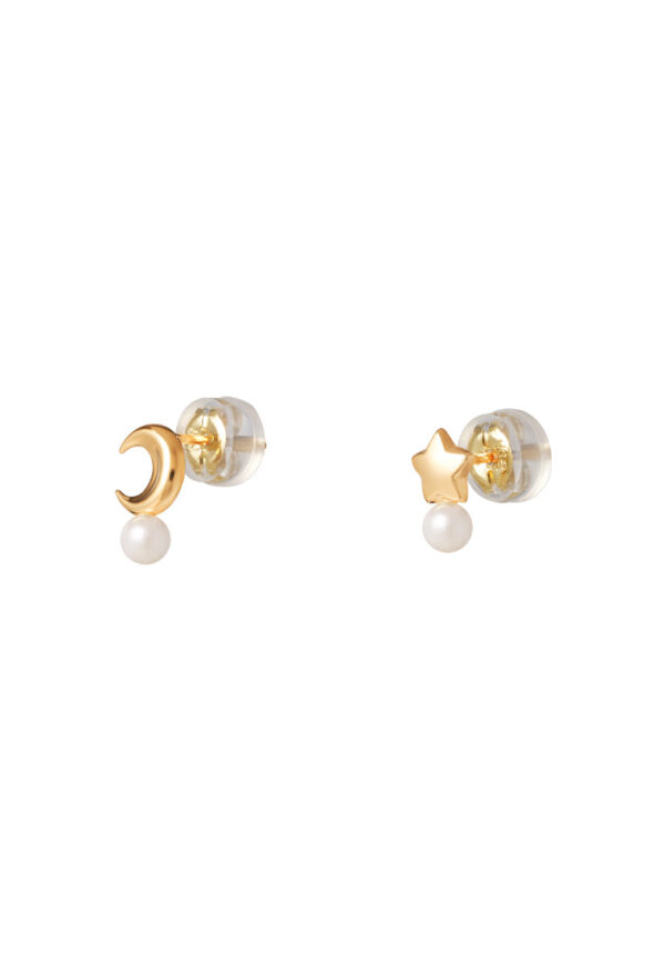 TOMEI Star & Moon Akoya Pearl Tiny Earrings, Yellow Gold 750