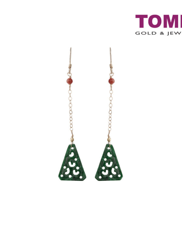 TOMEI Unique Carving Jade A Dangling Earrings, Dark Green I Yellow Gold 585 (J30000055)