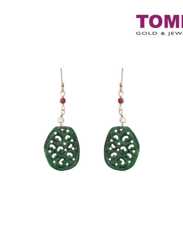 TOMEI Unique Carving Jade A Dangling Earrings, Dark Green I Yellow Gold 585 (J30000056)