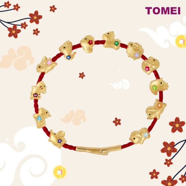 TOMEI [2024 Edition] Colorful Chubby Fortune Zodiac Charm with Red Rope Bracelet, Yellow Gold 999