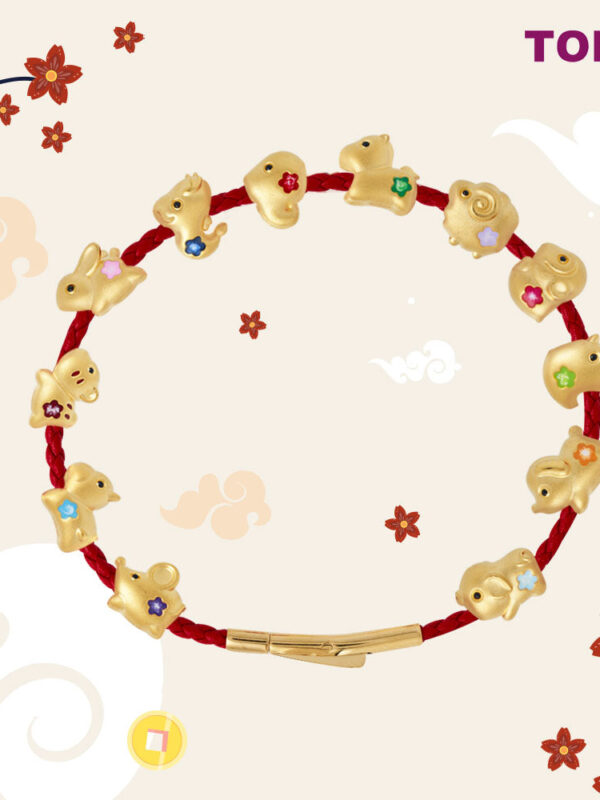 TOMEI [2024 Edition] Colorful Chubby Fortune Zodiac Charm with Red Rope Bracelet, Yellow Gold 999