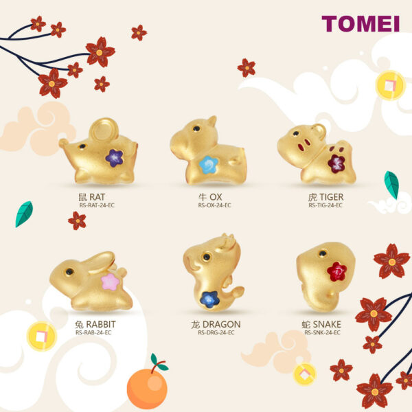 TOMEI [2024 Edition] Colorful Chubby Fortune Zodiac Charm with Red Rope Bracelet, Yellow Gold 999