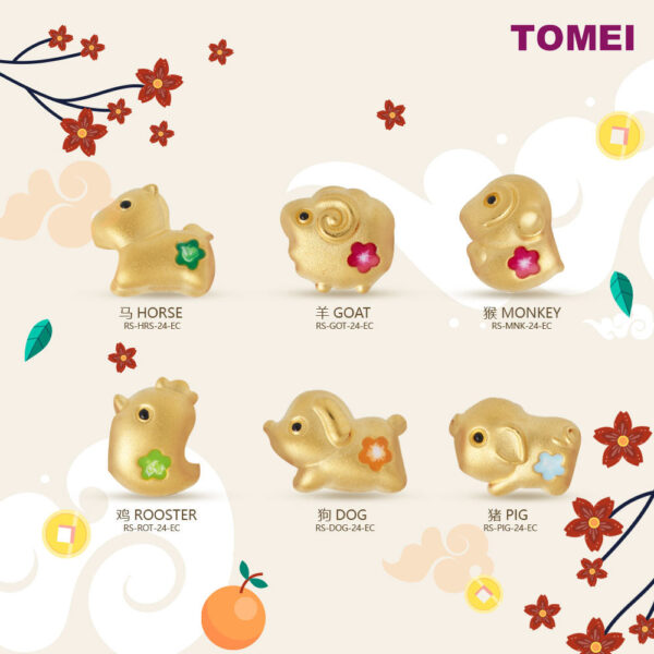 TOMEI [2024 Edition] Colorful Chubby Fortune Zodiac Charm with Red Rope Bracelet, Yellow Gold 999